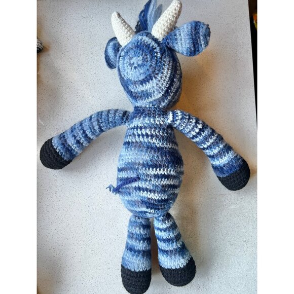 Hand Knitted Blue Striped Cow Toy Stuffed Animal Child’s Snuggle Gift - Picture 7 of 12